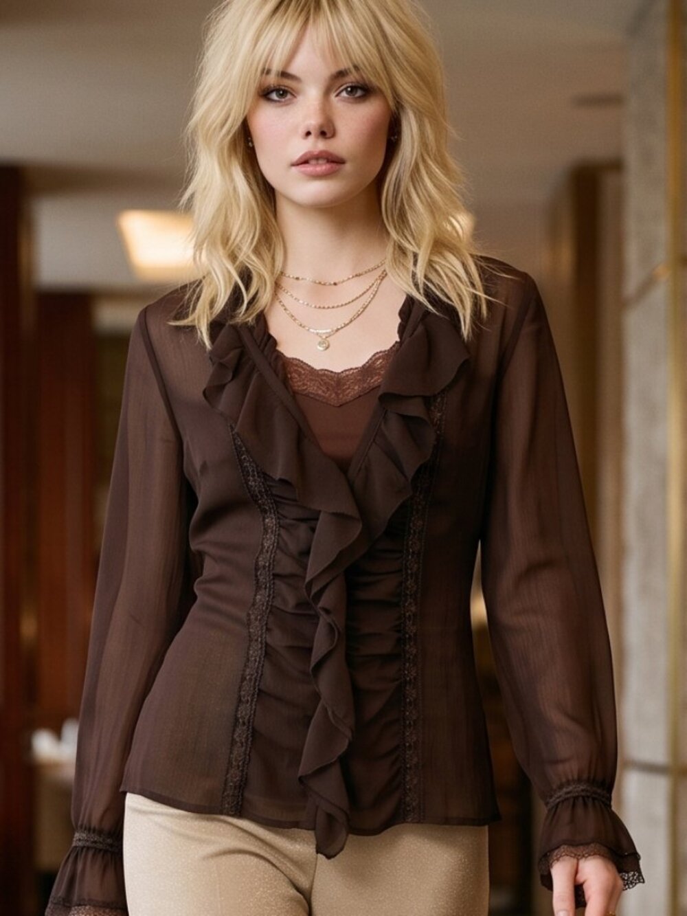 NY&Co. Dark Chocolate Brown Ruched & Ruffled Semi-sheer Blouse Gorgeous!